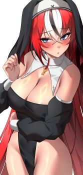 1girl absurdres alternate_costume black_dress black_hair black_streaks blue_eyes blush breasts cleavage colored_tips commentary covered_navel crossed_bangs detached_sleeves double-parted_bangs dress english_commentary groin guimpe hair_between_eyes hakos_baelz hand_up highres hololive hololive_english large_breasts lessone long_sleeves multicolored_hair nun nun_headdress open_mouth paid_reward_available pelvic_curtain puffy_long_sleeves puffy_sleeves red_hair simple_background solo strapless strapless_dress streaked_hair virtual_youtuber white_background white_streaks