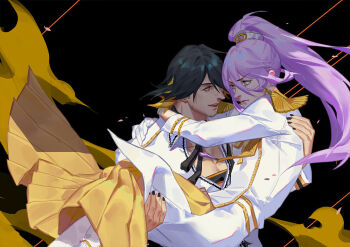 2boys black_background black_hair black_nails black_ribbon carrying commentary_request earrings epaulettes gloves hachisuka_kotetsu hair_between_eyes hand_on_another&#039;s_back jacket jewelry long_hair looking_at_another male_focus multiple_boys nagasone_kotetsu ncww_rinichi parted_lips pectoral_cleavage pectorals ponytail princess_carry purple_hair ribbon sideburns touken_ranbu white_gloves white_jacket yaoi