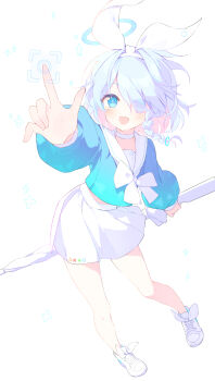 Rule 34 | 1girl, arona (blue archive), blue archive, blue hair, index finger raised, pink hair, rika (mikunopantsu), school uniform, serafuku, simple background, solo, umbrella, white background