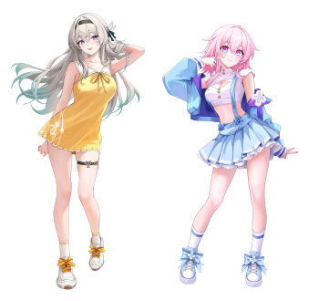 2girls alternate_costume black_hairband blue_eyes blue_jacket blue_skirt breasts cleavage_cutout clothing_cutout commentary_request crop_top dress firefly_(honkai:_star_rail) full_body gradient_hair green_hair grey_hair hairband highres honkai:_star_rail honkai_(series) jacket kottungyang looking_at_viewer march_7th_(honkai:_star_rail) medium_breasts midriff multicolored_hair multiple_girls off_shoulder open_clothes open_jacket pink_hair shirt shoes short_dress simple_background skirt sleeveless sleeveless_dress smile socks standing suspender_skirt suspenders thigh_strap two-tone_hair white_background white_shirt white_shoes white_socks yellow_dress