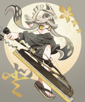 1girl black_hair black_shorts bright_pupils closed_mouth commentary_request flip-flops floating_hair gradient_hair grey_hair highres holding holding_weapon inkling inkling_girl inkling_player_character long_hair looking_at_viewer multicolored_hair nintendo osakanagumi11 pointy_ears sandals shorts solo splatana_wiper_(splatoon) splatoon_(series) splatoon_3 star-shaped_pupils star_(symbol) symbol-shaped_pupils tentacle_hair weapon white_pupils yellow_eyes