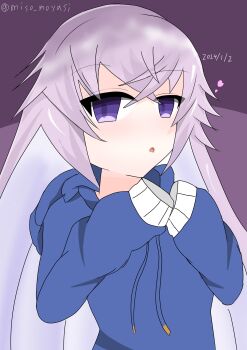 1girl absurdres alternate_costume blue_hoodie casual dated grimms_notes heart highres hood hoodie light_blush long_hair looking_at_viewer magic_mirror_(grimms_notes) miso_moyai parted_lips purple_eyes purple_hair solo upper_body very_long_hair