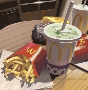 Rule 34 | artist name, burger, cup, disposable cup, drinking straw, fast food, food, french fries, mcdonald's, nabatame kazutaka, no humans, original, still life, table, wooden table