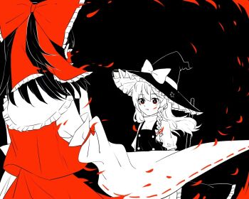 2girls apron bow braid broom commentary_request detached_sleeves facing_away frilled_bow frilled_hair_tubes frills from_behind hair_bow hair_tubes hakurei_reimu hat hat_bow hitte5416 kirisame_marisa long_hair multiple_girls puffy_short_sleeves puffy_sleeves red_bow red_eyes red_skirt ribbon-trimmed_sleeves ribbon_trim short_sleeves side_braid single_braid skirt skirt_set touhou vest waist_apron witch_hat