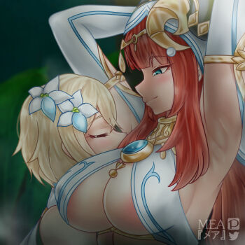 2girls alternate_breast_size_(larger) armpits arms_up artist_name black_horns blonde_hair blue_eyes breasts brooch commentary commentary_request detached_sleeves english_commentary fake_horns flower genshin_impact hair_flower hair_ornament highres horns jewelry large_breasts long_hair looking_at_another lumine_(genshin_impact) mea_(manami030) multiple_girls nilou_(genshin_impact) pixiv_logo red_hair revealing_clothes short_hair smelling smelling_armpit smile twitter_logo upper_body veil white_flower white_sleeves white_veil yuri