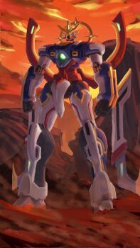 absurdres armor backlighting blue_armor blue_eyes cloud cloudy_sky commentary desert english_commentary full_body g_gundam glowing glowing_eyes god_gundam green_light gundam halo halo_behind_head highres jianchuan mecha mechanical_halo mobile_suit multicolored_armor orange_sky outdoors red_armor robot shining_gundam sky sunrise sunset white_armor yellow_armor