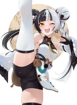 1girl ;d absurdres bike_shorts black_gloves black_hair commentary dialyn_(zenless_zone_zero) double_bun gloves hair_bun hair_ornament hairclip highres leg_up long_hair looking_at_viewer multicolored_hair one_eye_closed open_mouth partially_fingerless_gloves smile solo standing standing_on_one_leg thighhighs thighs two-tone_hair weimiaw white_background white_hair white_thighhighs yellow_eyes zenless_zone_zero