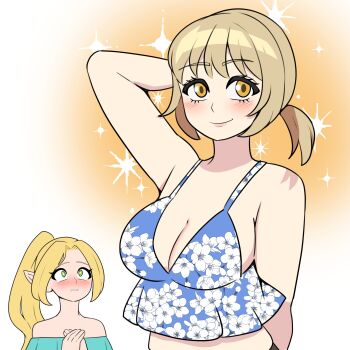 2girls absurdres arm_behind_head bare_shoulders bbycheese blonde_hair blush breasts camisole cleavage commentary dungeon_meshi falin_touden falin_touden_(tallman) floral_print green_eyes high_ponytail highres large_breasts marcille_donato midriff multiple_girls off-shoulder_shirt off_shoulder pointy_ears ponytail shirt short_ponytail smile sparkle sparkling_aura yellow_eyes