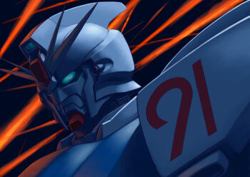 Rule 34 | alternate form, battle, blue eyes, character name, commentary request, energy beam, f91 gundam, gun, gundam, gundam f91, highres, looking down, machine gun, makeinu (makeinu 3renpai), mask, mecha, mecha focus, mobile suit, no humans, realistic, robot, roundel, science fiction, solo, space, unworn mask, v-fin, weapon