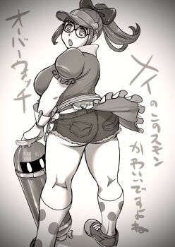 1girl :o ass bow breasts commentary_request curvy from_behind glasses greyscale hair_bow hashtag-only_commentary highres honeydew_mei huge_breasts kudou_masashi looking_back mei_(overwatch) micro_shorts monochrome open_mouth overwatch polka_dot polka_dot_socks ponytail puffy_short_sleeves puffy_sleeves robot round_eyewear shoes short_sleeves shorts sidelocks snowball_(overwatch) socks solo thick_thighs thighs translation_request visor_cap