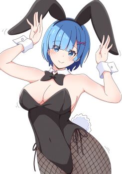 1girl animal_ear_hairband animal_ears armpits arms_up bare_shoulders black_leotard blue_eyes blue_hair blush bow bowtie breasts cleavage covered_navel detached_collar detached_sleeves eyes_visible_through_hair fake_animal_ears fake_tail fishnet_pantyhose fishnets hair_ornament hair_over_one_eye hairband highleg highleg_leotard highres kaedemarine large_breasts leotard looking_at_viewer pantyhose playboy_bunny rabbit_ear_hairband rabbit_ears rabbit_pose rabbit_tail re:zero_kara_hajimeru_isekai_seikatsu rem_(re:zero) short_hair side-tie_leotard simple_background smile solo strapless strapless_leotard tail white_background white_wrist_cuffs wrist_cuffs x_hair_ornament