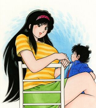 Rule 34 | 1boy, 1girl, aoba shunsuke, asaoka natsumi, black eyes, black hair, blue shirt, breasts, brown eyes, chair, collared shirt, commentary request, crossed legs, green skirt, hairband, highres, large breasts, long hair, looking at viewer, looking to the side, miura mitsuru, official artist extra, on chair, open clothes, open mouth, open shirt, pink hairband, red shirt, shirt, short hair, short sleeves, sideways glance, sitting, skirt, smile, striped clothes, striped shirt, the kabocha wine, yellow shirt