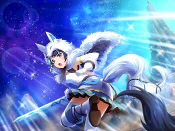 1girl animal_ears animal_hood boots dress elbow_gloves fake_tail fox_ears fox_hood fox_tail from_behind fur_(clothing) game_cg gloves holding holding_sword holding_weapon hood long_hair looking_at_viewer looking_back official_art open_mouth purple_eyes purple_hair shoujo_kageki_revue_starlight shoujo_kageki_revue_starlight_-re_live- solo sword tail tomoe_tamao v-shaped_eyebrows weapon white_boots white_dress white_gloves