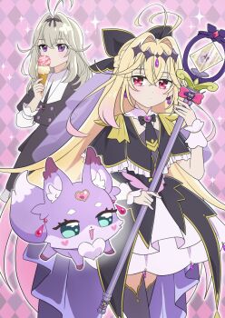 Rule 34 | 1girl, antenna hair, argyle background, black bow, black bowtie, black capelet, black dress, black ribbon, black thighhighs, blonde hair, bow, bowtie, braid, brooch, capelet, closed mouth, commentary, crown braid, cure arcana shadow, diamond hairband, dot mouth, dress, dual persona, earrings, eating, fairy, floating earrings, food, frilled capelet, frilled cuffs, frilled dress, frilled sleeves, frills, gradient hair, grey hair, hair bow, hair intakes, hair ribbon, heart, heart brooch, highres, holding, holding ice cream cone, holding rod, holding staff, ice cream, ice cream cone, jewelry, layered dress, light frown, long hair, long sleeves, looking at viewer, magical girl, mashu-tan, medium dress, medium hair, meitantei precure!, moria luluka, multicolored hair, multiple scoops, multiple views, necklace, ono (wimawi838), pink eyes, pink hair, precure, purple eyes, purple thighhighs, purple veil, purple wrist cuffs, ribbon, rod, shirt, short dress, sparkle, staff, standing, tear arcana rod, thighhighs, veil, very long hair, white shirt, wrist cuffs, zettai ryouiki