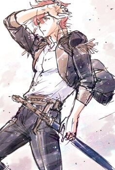 1boy arm_up black_jacket black_pants collared_jacket collared_shirt commentary_request dress_shirt fire_emblem fire_emblem:_three_houses garreg_mach_monastery_uniform gold_trim holding holding_sword holding_weapon jacket kino_(twitter3500356154) lapels looking_to_the_side male_focus nintendo open_clothes open_collar open_jacket pants red_hair shirt shirt_tucked_in short_hair solo sword sylvain_jose_gautier tassel weapon white_shirt wind