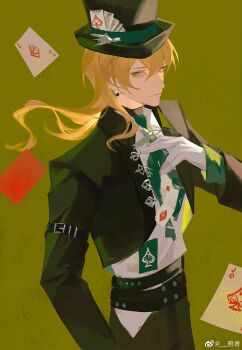 Rule 34 | 1boy, absurdres, ace (playing card), ace of diamonds, ace of spades, alkaid mcgrath, alkaid mcgrath (whirling whimsical troupe), belt, black belt, black hat, black jacket, black pants, black shirt, blonde hair, card, chinese commentary, closed mouth, club (shape), collared jacket, cowboy shot, cropped jacket, diamond-shaped earrings, diamond (shape), earrings, floating card, gloves, green background, green necktie, hair between eyes, hand on own chest, hand on own hip, hat, hat ornament, heart, highres, jacket, jewelry, lapel pin, light smile, long hair, long sleeves, looking at viewer, lovebrush chronicles, male focus, necktie, official alternate costume, open clothes, open jacket, pants, playing card, playing card hat ornament, popped collar, shirt, sideways glance, simple background, sleeve garter, solo, spade (shape), standing, top hat, turtleneck, turtleneck shirt, undershirt, untucked shirt, watermark, weibo watermark, white gloves, white shirt, yaqing