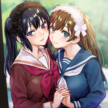 Rule 34 | 2girls, alternate hairstyle, black hair, blue eyes, blue sailor collar, blurry, blurry background, blush, bow, breast press, brown eyes, brown serafuku, embarrassed, frilled hairband, frills, hairband, hibike! euphonium, interlocked fingers, kitauji high school uniform, kousaka reina, kuroe mayu, lolita hairband, looking at viewer, misogi (misogi1341), multiple girls, neckerchief, nervous smile, parted lips, purple eyes, red neckerchief, sailor collar, school uniform, serafuku, smile, symmetrical docking, tree, twintails, two side up, upper body, white neckerchief, white sailor collar, winter uniform
