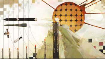 Rule 34 | 1girl, abstract, absurdres, brown hair, building, commentary, english commentary, from side, hair ribbon, heren, highres, long hair, long sleeves, missile, neuro-sama, profile, red ribbon, ribbon, robe, rocket ship, satellite, solo, spacecraft, standing, vedal ai, virtual youtuber, wide shot, yellow robe