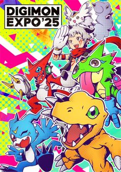 1boy aegiomon agumon black_vest blue_eyes blue_gloves body_markings chest_jewel chibikemo digimon digimon_(creature) dragon facial_mark forehead_jewel gecko gekkomon gemmon gloves green_eyes grey_hair group_picture horns official_art one_eye_closed red_eyes red_scarf scarf shoutmon tongue tongue_out v-mon vest white_gloves yellow_background