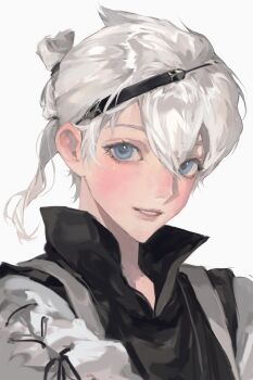 1boy black_hairband black_shirt blue_eyes blush collared_shirt enxy hair_between_eyes hairband hashtag-only_commentary highres long_hair looking_at_viewer male_focus nier_(brother) nier_(brother)_(pre_timeskip) nier_(series) parted_lips popped_collar shirt smile solo updo white_hair white_sleeves