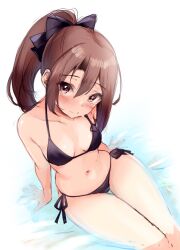 Rule 34 | 1girl, bikini, black bikini, black bow, black bowtie, bow, bowtie, breasts, brown eyes, brown hair, feet out of frame, from above, high ponytail, highres, kantai collection, looking at viewer, partially submerged, side-tie bikini bottom, sitting, small breasts, solo, swimsuit, thigh gap, unfinished, water, zarashi, zuihou (kancolle)