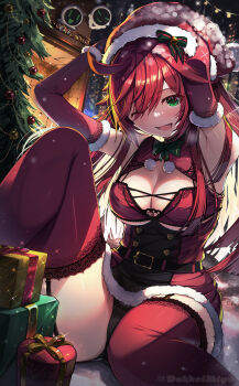 1girl ;d absurdres armpits arms_up bare_shoulders belt black_belt black_panties blush breasts cleavage commentary_request elbow_gloves fireplace fur-trimmed_headwear fur_trim gloves green_eyes guilty_gear hat highres indoors jack-o'_valentine large_breasts long_hair looking_at_viewer migumigu one_eye_closed open_mouth panties red_garter_belt red_gloves red_hair red_hat red_thighhighs santa_costume santa_hat sitting smile solo thighhighs twitter_username underwear