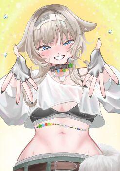 1girl belt black_sports_bra blonde_hair blue_eyes blush breasts brown_belt cat_necklace cat_ornament fingerless_gloves gloves goddess_of_victory:_nikke green_shorts grin hair_ears headband headset highres idol looking_at_viewer mole mole_under_eye navel nukomaronikke prika_(nikke) shorts smile solo sports_bra sweat white_headband