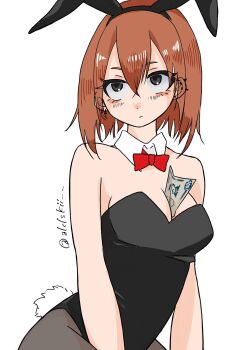 1girl alclskii animal_ear_hairband animal_ears between_breasts black_eyes black_leotard black_pantyhose bow bowtie breasts brown_hair cleavage detached_collar ear_piercing fake_animal_ears fake_tail hair_between_eyes hairband hashtag-only_commentary highres leotard medium_hair money money_between_breasts original pantyhose piercing playboy_bunny rabbit_ear_hairband rabbit_ears rabbit_tail red_bow red_bowtie simple_background solo strapless strapless_leotard tail twitter_username white_background