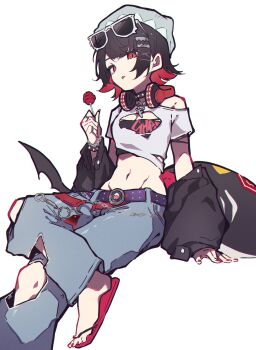 1girl aitekku beanie black_hair black_jacket blue_hat blue_pants breast_cutout breasts candy chain chain_bracelet cleavage_cutout clothing_cutout collar colored_inner_hair commentary_request crop_top ellen_joe eyewear_on_head feet figure_four_sitting fingernails fins fish_tail food hat headphones headphones_around_neck highres holding holding_candy holding_food holding_lollipop invisible_chair jacket jacket_partially_removed jewelry lollipop looking_at_viewer medium_breasts midriff mole mole_under_eye multicolored_hair multiple_rings nail_polish navel official_alternate_costume pants razor_blade_hair_ornament red_eyes red_nails ring scar scar_on_tail shark_girl shark_tail shirt short_hair simple_background single_bare_shoulder sitting solo spiked_collar spikes sunglasses tail toenail_polish toenails torn_clothes torn_pants white-framed_eyewear white_background white_shirt zenless_zone_zero