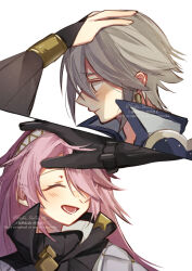 Rule 34 | 1boy, 2girls, black gloves, bridal gauntlets, closed eyes, closed mouth, father and daughter, fire emblem, fire emblem awakening, fire emblem fates, gambeson, gloves, grey hair, hand on another&#039;s head, inigo (fire emblem), laslow (fire emblem), long hair, lower teeth only, mother and son, multiple girls, nintendo, olivia (fire emblem), open mouth, pink hair, short hair, siesta festival, soleil (fire emblem), teeth, white background