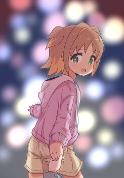 1girl :d absurdres blurry blurry_background bokeh brown_hair colored_inner_hair commentary cowboy_shot depth_of_field diamond-shaped_pupils diamond_(shape) fang from_behind green_eyes hair_intakes highres holding_hands hood hood_down jacket light_blush long_sleeves looking_at_viewer looking_back multicolored_hair namari_siro oka_asahi onii-chan_wa_oshimai! open_clothes open_jacket open_mouth orange_hair pink_jacket pov pov_hands short_hair short_shorts shorts skin_fang smile solo_focus symbol-shaped_pupils two-tone_hair two_side_up