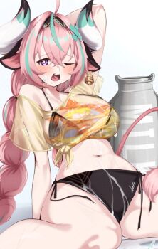 Rule 34 | 1girl, ahoge, animal ears, aqua hair, aqua streaks, arm behind head, bandages, bandaid, bandaid on face, bell, bell earrings, bikini, black bikini, blush, braid, breasts, cleavage, collarbone, commentary, cow ears, cow girl, cow horns, cow tail, earrings, embarrassed, esto 0079, genshin impact, hairband, highres, horns, jewelry, large breasts, long hair, looking at viewer, low twin braids, milk, multicolored hair, multicolored hairband, navel, open mouth, pink hair, pink tail, purple eyes, see-through clothes, see-through shirt, shirt, side-tie bikini bottom, simple background, solo, stomach, streaked hair, suggestive fluid, sweat, sweatdrop, swimsuit, symbol-only commentary, tail, thick thighs, thighhighs, thighs, twin braids, varesa (genshin impact), white horns, yellow shirt, yellow sleeves