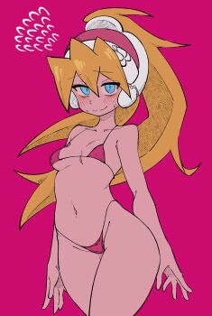 1girl absurdres bikini blonde_hair blue_eyes blush breasts buzzlyears ciel_(mega_man) collarbone helmet high_ponytail highres long_hair mega_man_(series) mega_man_zero_(series) navel nervous_smile nervous_sweating pink_background pink_bikini pink_helmet ponytail simple_background small_breasts smile solo sweat swimsuit