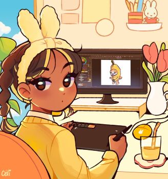 1girl animal_ears artist_self-insert braid brown_eyes brown_hair chair commentary computer computer_mouse cup dark-skinned_female dark_skin drawing_tablet drinking_glass drinking_straw english_commentary fake_animal_ears flower from_behind hairband highres holding holding_stylus indoors juice looking_at_viewer medium_hair meme miffy miffy_(character) monitor orange_juice original pianta_celi sad_banana_cat_(meme) sitting solo stylus sweater tulip twin_braids vase yellow_hairband yellow_sweater