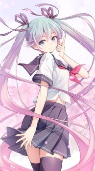 1girl black_skirt black_thighhighs blue_eyes character_request commentary_request copyright_request feet_out_of_frame grey_hair highres long_hair looking_at_viewer matsuuni profile red_sailor_collar sailor_collar school_uniform shirt simple_background skirt smile solo standing thighhighs twintails white_shirt