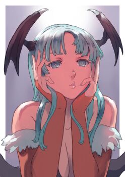 1girl absurdres bare_shoulders border breasts commentary_request darkstalkers demon_girl demon_wings green_eyes green_hair grey_background head_wings highres k_katora large_breasts morrigan_aensland multiple_wings simple_background solo white_border wings