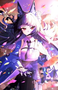 1girl animal_ear_fluff animal_ears aqua_jacket black_hair black_necktie black_skirt blunt_bangs blurry blurry_foreground brooch closed_mouth commentary_request cowboy_shot falling_petals fingerless_gloves fox_ears fox_girl gauntlets gloves high-waist_skirt holding holding_sword holding_weapon hoshimi_miyabi id_card incoming_gift jacket jewelry katana long_hair looking_at_viewer necktie outdoors petals red_eyes shirt shirt_tucked_in single_fingerless_glove single_gauntlet skirt solo sword weapon white_shirt zenless_zone_zero zeroartwo