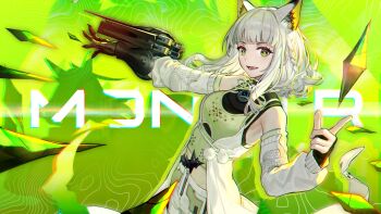 Rule 34 | 1girl, animal ears, arknights, arknights: endfield, arm mounted weapon, braid, bright pupils, cat ears, cat girl, chromatic aberration, cowboy shot, detached sleeves, elevation contour lines, fang, five-fall, floating, floating object, green background, green eyes, highres, levitation, looking at viewer, m3 (arknights), mechanical arms, medium hair, official art, open mouth, originium (arknights), pom pom (clothes), second-party source, single mechanical arm, solo, white hair