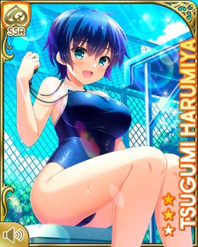 1girl :d aqua_eyes barefoot blue_hair blue_one-piece_swimsuit breasts card_(medium) chain-link_fence character_name competition_swimsuit day fence girlfriend_(kari) green_eyes harumiya_tsugumi official_art one-piece_swimsuit open_mouth outdoors pool poolside qp:flapper short_hair sitting smile swimsuit tagme teeth tomboy water