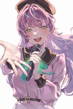 1girl :d beret blush breasts brown_hat collared_dress commentary contrast_collar dream_believers dress green_eyes green_ribbon hat highres holding holding_microphone link!_like!_love_live! long_hair long_sleeves looking_at_viewer love_live! medium_breasts microphone music neck_ribbon official_alternate_hairstyle open_hand open_mouth otomune_kozue outstretched_arm pink_dress pinstripe_ribbon reaching reaching_towards_viewer ribbon saidamoosu simple_background singing smile solo sweat v-shaped_eyebrows virtual_youtuber white_background