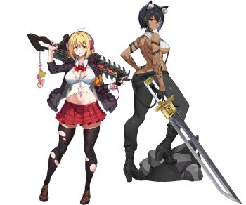 2girls absurdres ahoge animal_ear_fluff animal_ears arm_pouch arm_tattoo ass backless_shirt belt black_belt black_boots black_collar black_hair black_jacket black_pants black_thighhighs blonde_hair blush boots bow bowtie breasts breasts_apart brown_shoes butt_crack cellphone chainsaw chainsword charm_(object) checkered_clothes checkered_skirt closed_mouth collar collared_shirt crop_top dark-skinned_female dark_skin dog_ears dog_girl donut flower food frog full_body fur-trimmed_jacket fur_trim hair_between_eyes hand_on_own_hip haru_estia headphones heart high_heel_boots high_heels highres holding holding_phone holding_sword holding_weapon impossible_clothes impossible_shirt jacket large_breasts last_origin leg_up legs_apart linea_alba listening_to_music looking_at_viewer looking_back looking_to_the_side mary_janes median_furrow miniskirt multiple_girls muscular muscular_female navel non-web_source official_alternate_costume official_alternate_eye_color official_alternate_skin_color official_art on_rock open_clothes open_jacket open_mouth pants patch phone pink_flower pleated_skirt red_bow red_bowtie red_eyes red_skirt ribbed_shirt shirt shoes short_hair shoulder_blades sideboob sidelocks simple_background skindentation skirt sleeveless sleeveless_shirt smartphone smile soulworker spiked_collar spikes standing sword sword_on_back tachi-e tattoo teeth thighhighs tongue torn_clothes torn_shirt torn_thighhighs transparent_background u-rix upper_teeth_only vargr_(last_origin) weapon weapon_on_back white_shirt zettai_ryouiki