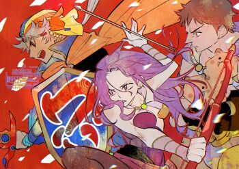 1girl 2boys arrow_(projectile) bandaged_wrist bandages bare_shoulders beaver blue_shirt bow_(weapon) breasts brown_eyes brown_hair brown_pantyhose cape commentary_request fighting_stance final_fantasy final_fantasy_ii firion furrowed_brow grey_hair guy_(ff2) headscarf holding holding_arrow holding_bow_(weapon) holding_shield holding_sword holding_weapon long_hair maria_(ff2) mckrs medium_breasts midriff multiple_boys orange_cape pantyhose parted_bangs parted_lips purple_cape purple_hair red_background shield shirt short_hair sword upper_body weapon