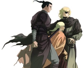 Rule 34 | 1girl, 2boys, badeni, bandaged arm, bandages, black cloak, black hair, blonde hair, braid, chi.: chikyuu no undou ni tsuite, clenched hand, cloak, commentary request, cowboy shot, eyepatch, facing to the side, gloves, grey pants, hair bun, highres, jolenta, long hair, medium hair, multiple boys, non kibou, oczy, pants, parted lips, pink cloak, ponytail, profile, scar, scar on face, scar on mouth, scar on nose, single braid, tonsure, updo, white background