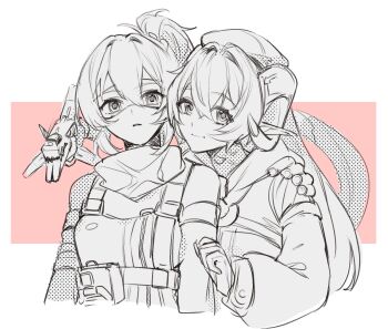 2girls closed_mouth commentary_request cropped_torso goggles hair_between_eyes highres horns limited_palette long_hair looking_at_viewer magus_(zenless_zone_zero) multiple_girls orphie_magnusson parted_lips pointy_ears ponytail sidelocks sketch smile soldier_11_(zenless_zone_zero) vvo_uvv zenless_zone_zero