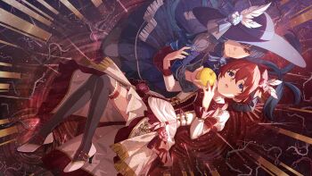 2girls apple black_thighhighs blue_dress blue_eyes blue_hair blue_hat commentary_request dress flower food fruit game_cg golden_apple hat hat_feather hat_flower high_heels idolmaster idolmaster_million_live! idolmaster_million_live!_theater_days julia_(idolmaster) juliet_sleeves kitakami_reika long_hair long_sleeves looking_at_viewer lying multiple_girls official_alternate_costume official_art on_back puffy_sleeves red_hair short_hair sun_hat thighhighs third-party_source white_dress