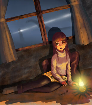 1girl black_pants book brown_hair chutohampa cryptid curtains glowing grey_sweater highres lamp lighthouse loch_ness_monster long_hair long_sleeves open_book original pants signature socks solo sweater turtleneck turtleneck_sweater window