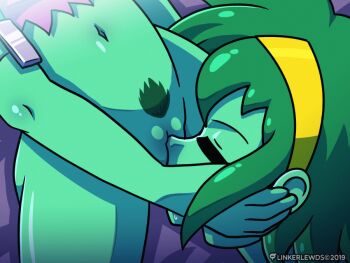 1girl animated animated_gif autocunnilingus bed_sheet bedroom colored_skin cunnilingus disembodied_head green_hair green_skin hairband headless licking linker masturbation navel on_bed oral rottytops severed_head shantae_(series) spread_legs tank_top thinking uncensored undead zombie zombie_girl