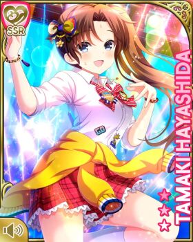 1girl blouse blue_background bow brown_hair button character_name concert dancing day girlfriend_(kari) gradient_background grey_eyes hayashida_tamaki indoors long_hair looking_at_viewer official_art open_mouth plaid_bow plaid_clothes plaid_skirt purple_background qp:flapper red_bow red_skirt ribbon school_uniform shirt skirt smile sweater tied_sweater white_shirt yellow_sweater