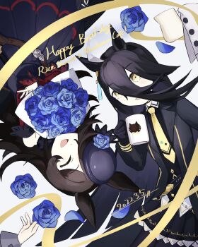 2girls absurdres agnes_tachyon_(umamusume) ahoge animal_ears belt black_belt black_coat black_pantyhose black_skirt black_vest blue_flower blue_rose bouquet closed_eyes coat collared_shirt creamer_(vessel) cup dated dress ear_ornament ear_tag earrings flower hair_between_eyes happy_birthday hat hat_flower hem_peeking_out highres holding holding_bouquet holding_cup horse_ears horse_girl jewelry long_hair_between_eyes manhattan_cafe_(umamusume) mug multicolored_hair multiple_girls necktie off-shoulder_dress off_shoulder open_clothes open_coat open_mouth pantyhose pleated_skirt purple_dress purple_hat rice_shower_(umamusume) rose shirt simple_background single_earring skirt smile sumikaracafe thick_eyebrows tilted_headwear umamusume vest white_background white_hair white_shirt yellow_necktie