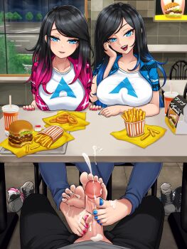 1boy 2girls barefoot black_lips blue_eyes blue_nails blush breasts collarbone commentary commission cooperative_footjob cum cum_on_body cum_on_feet efreezerarts ejaculation english_commentary feet food foot_focus footjob footjob_under_table french_fries hetero highres large_breasts legs long_hair looking_at_viewer multicolored_hair multiple_girls nail_polish open_mouth original penis penis_out pov_across_table red_nails shimaidon_(sex) shoes siblings sisters sitting smile socks soles stealth_footjob table teamwork_(sexual) toenail_polish toenails toes twins two-footed_footjob uncensored under_table unworn_shoes unworn_socks